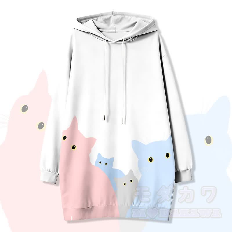 Modakawa Kapuzenpulloverkleid mit Seitentaschen und Katzenmotiv - Weiß - 4XL - image 3