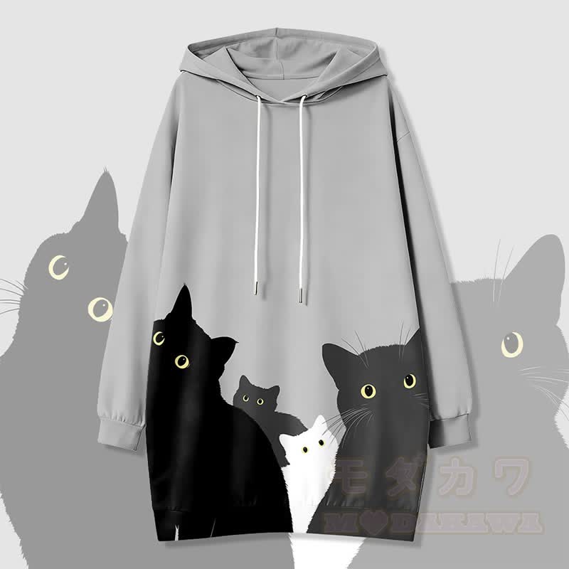 Modakawa Kapuzenpulloverkleid mit Seitentaschen und Katzenmotiv - Grau - 4XL - image 2