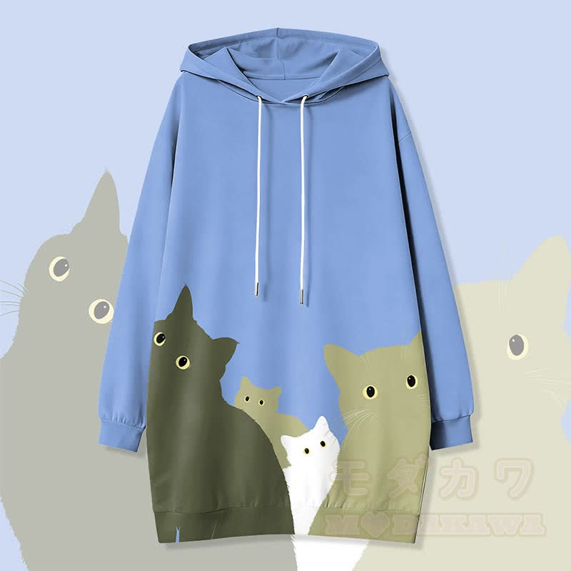 Modakawa Kapuzenpulloverkleid mit Seitentaschen und Katzenmotiv - Blau - 4XL - image 1
