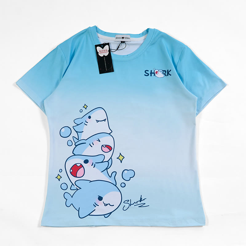 T-Shirt mit Farbverlauf und gestapeltem Hai-Grafik - Blue - 5XL - image 1