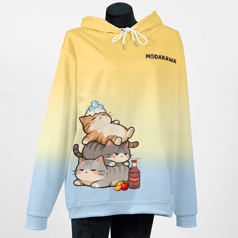 MODAKAWA Farbverlauf-Pullover-Hoodie mit schlafender Katze Grafik - Yellow A - 8XL - image 2