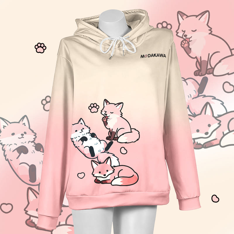 MODAKAWA Gradient Lazy Fox Graphic Pullover Hoodie - Yellow&Pink - 6XL - image 1