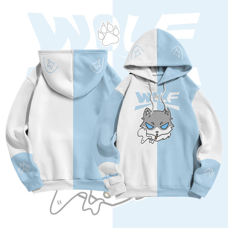 MODAKAWA Farben Block Smoking Wolf Graphic All Over Print Pullover Hoodie - Blue&White - 8XL - image 2