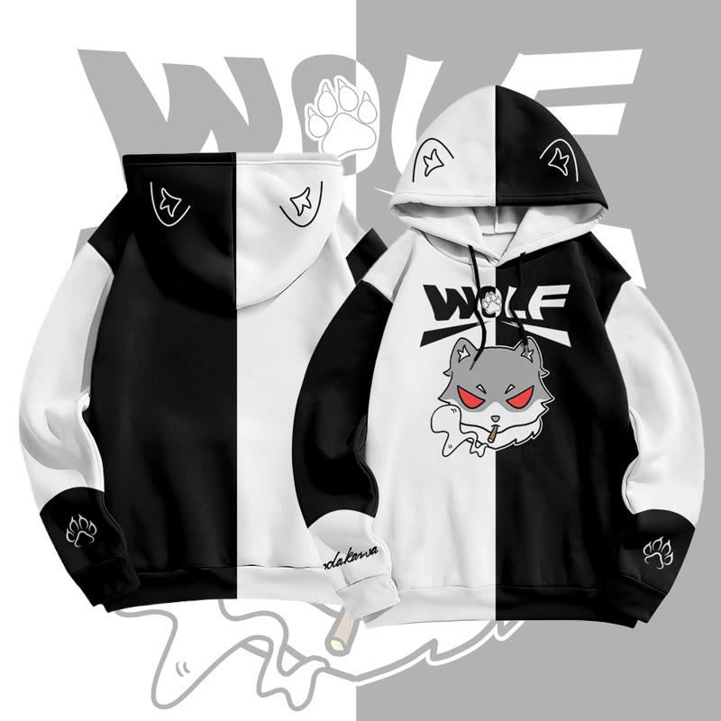 MODAKAWA Farben Block Smoking Wolf Graphic All Over Print Pullover Hoodie - White&Black - 8XL - image 1