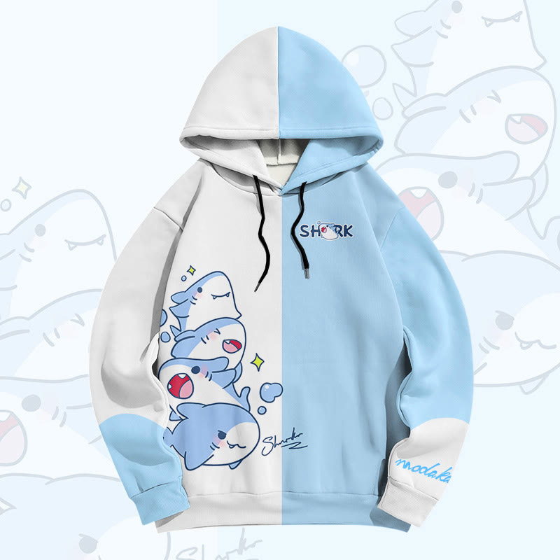 MODAKAWA Farben Block Pullover Hoodie mit verspieltem Hai-Grafikprint - White&Blue - 6XL - image 2