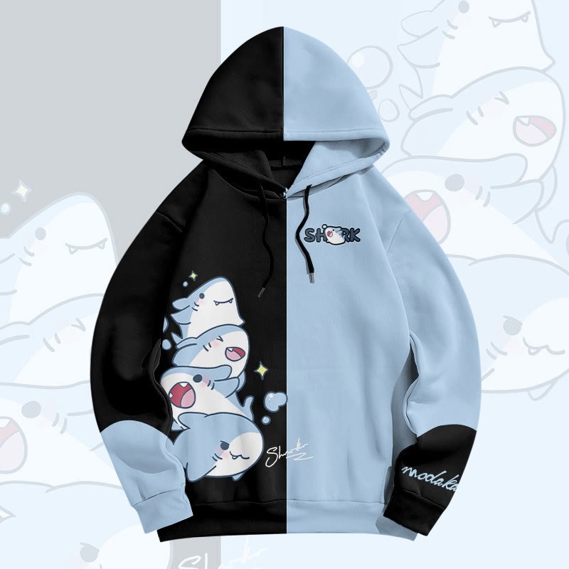 MODAKAWA Farben Block Pullover Hoodie mit verspieltem Hai-Grafikprint - Black&Blue - 6XL - image 1