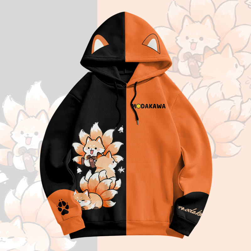 MODAKAWA Farben Block Pullover Hoodie mit Allover-Print und neunschwänzigem Fuchs-Grafik - Black&Orange - 8XL - image 2