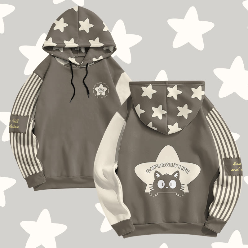 MODAKAWA Pullover-Hoodie mit Streifen-, Sternen- und Katzenmotiv und Allover-Print - image 1