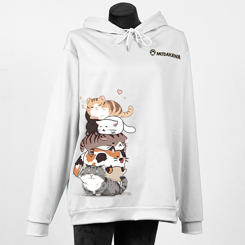 Modakawa-Hoodie mit gestapeltem Katzenmotiv und Buchstabenprint - White - 6XL - image 2