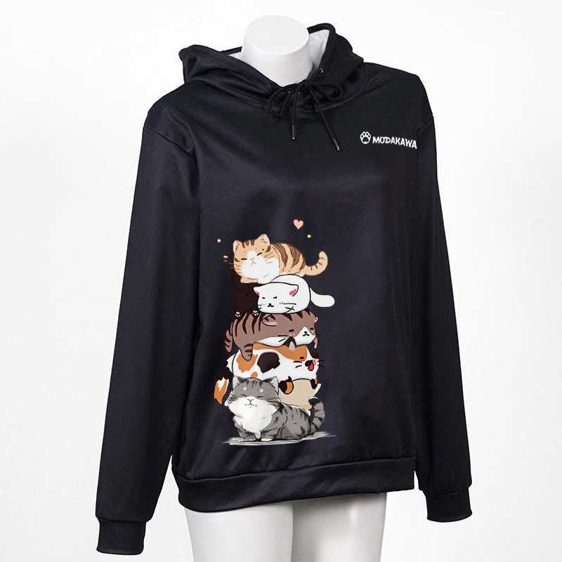 Modakawa-Hoodie mit gestapeltem Katzenmotiv und Buchstabenprint - Black - 6XL - image 1