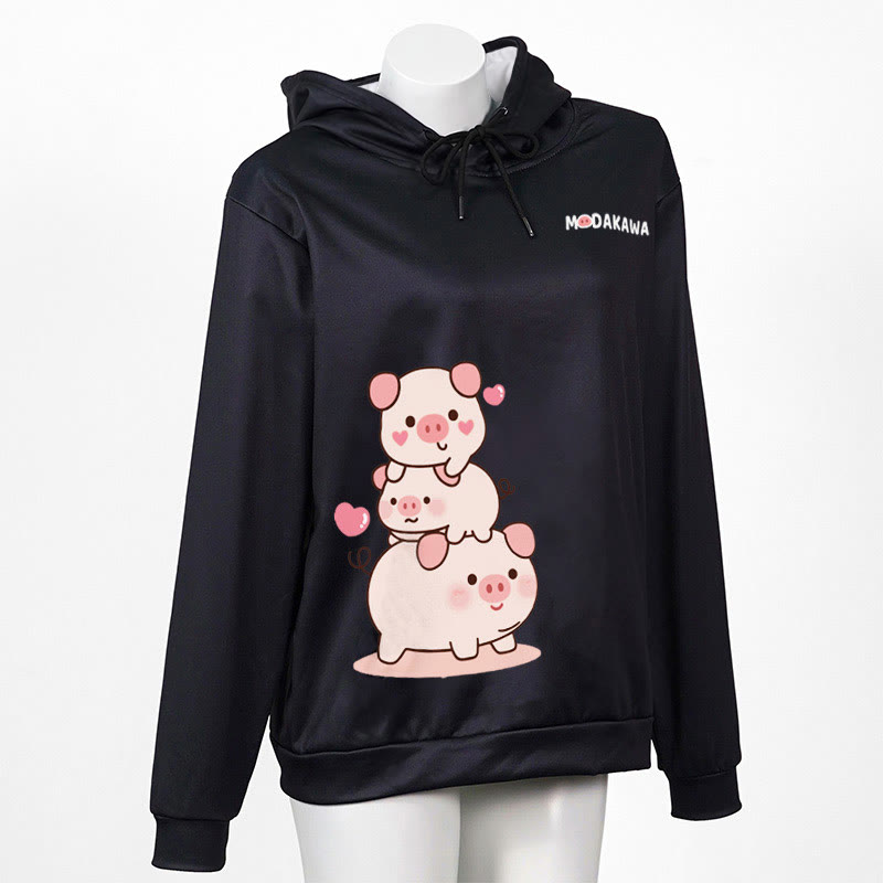 Modakawa-Hoodie mit gestapeltem Schweine-Buchstabenprint (locker) - Black - 6XL - image 1