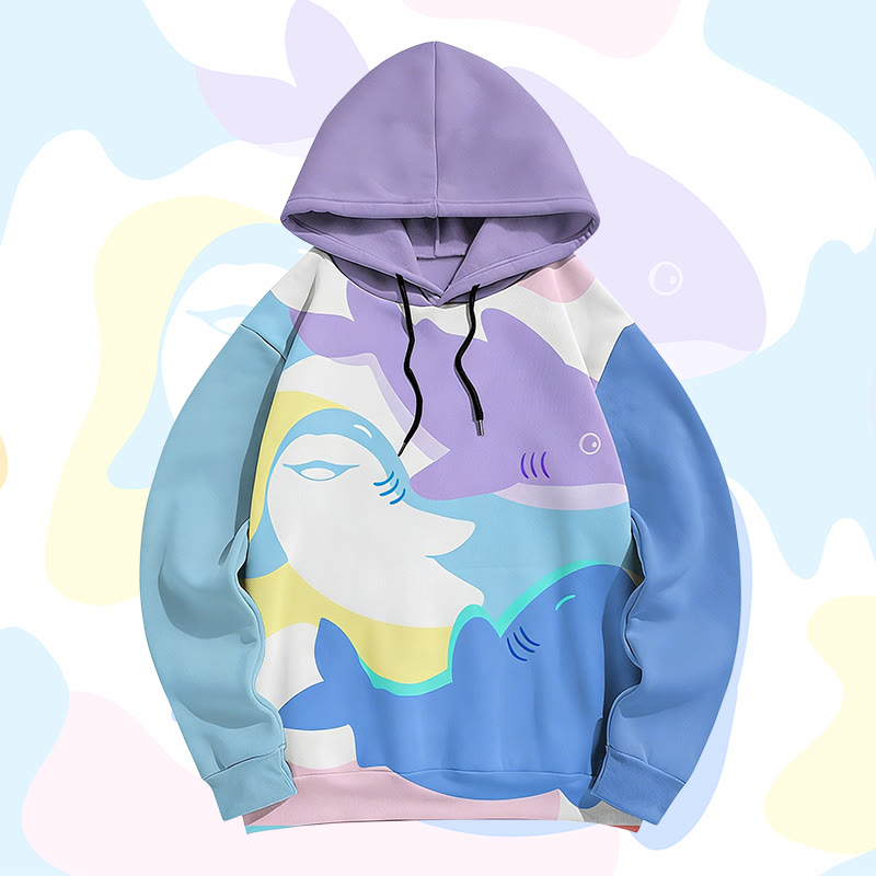 MODAKAWA Farben Block Pullover Hoodie mit Allover-Print eines schwimmenden Hais - Purple - 6XL - image 1