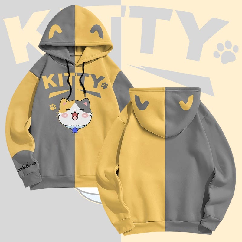 MODAKAWA Happy Kitty Kapuzenpullover mit Allover-Print - Yellow&Grey - 6XL - image 1