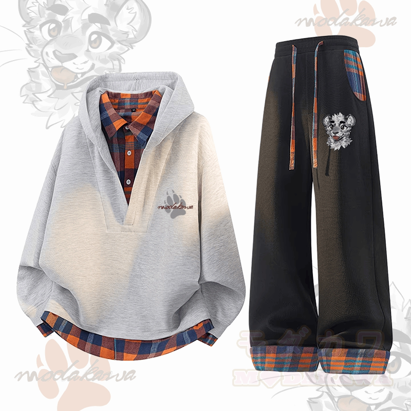 MODAKAWA X atka Cheeky Tiger Face Graphic Plaid Hoodie Pants Two Pieces Set - Grau & Schwarz - 3XL - image 2