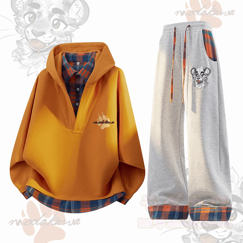 MODAKAWA X atka Cheeky Tiger Face Graphic Plaid Hoodie Pants Two Pieces Set - Orange & Grau - 3XL - image 3