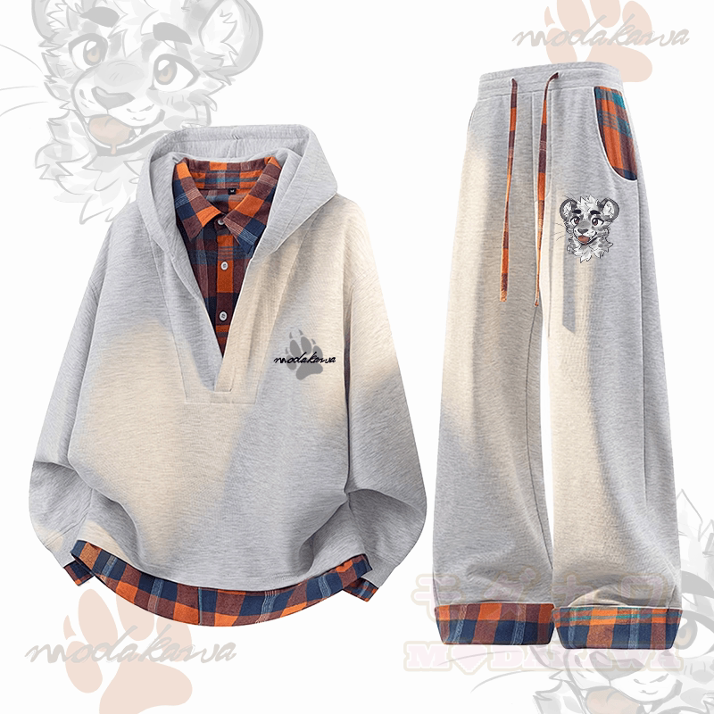 MODAKAWA X atka Cheeky Tiger Face Graphic Plaid Hoodie Pants Two Pieces Set - Grau - 3XL - image 1