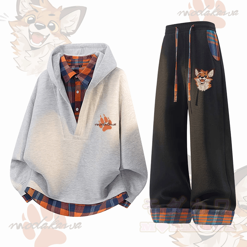 MODAKAWA X atka Cheerful Fox Graphic Plaid Hoodie Pants Two Pieces Set - Grau & Schwarz - 3XL - image 2