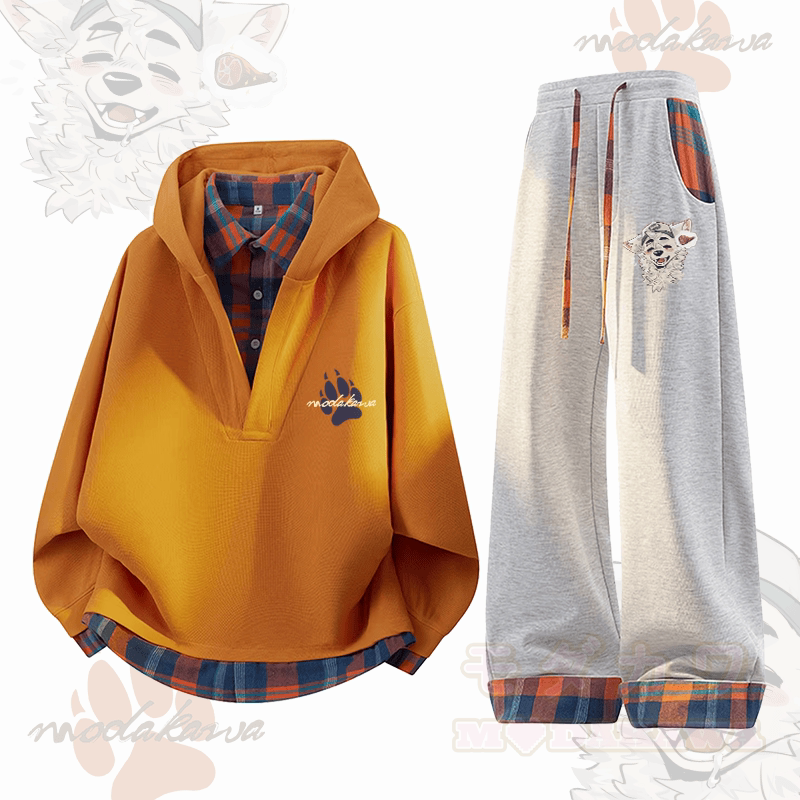 MODAKAWA X atka Fox Wants Meat Graphic Plaid Hoodie Pants Two Pieces Set - Orange & Grau - 3XL - image 2