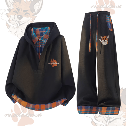 MODAKAWA X atka Fox Smoking Graphic Plaid Hoodie Pants Two Pieces Set - Black - 3XL - image 1
