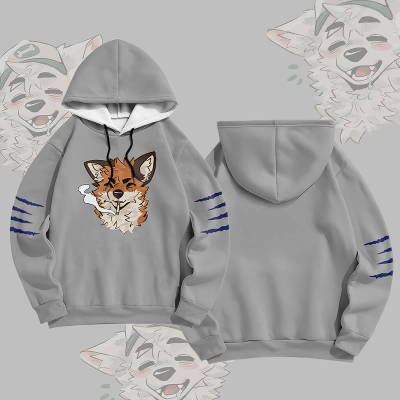 MODAKAWA X atka Fox Smoking Graphic All Over Print Pullover Hoodie - Grey - 6XL - image 2