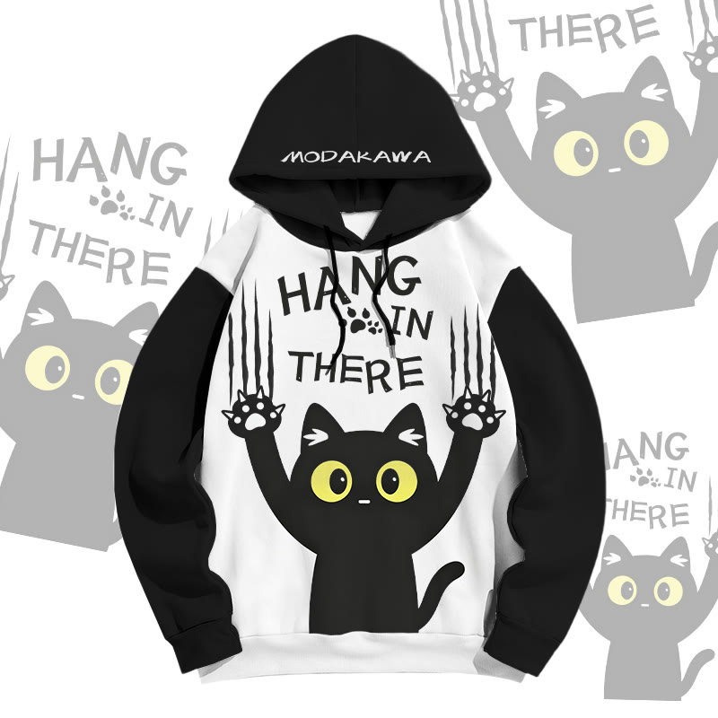 MODAKAWA HANG IN THERE Pullover Hoodie mit Allover-Print und schwarzer Katze - White - 6XL - image 1
