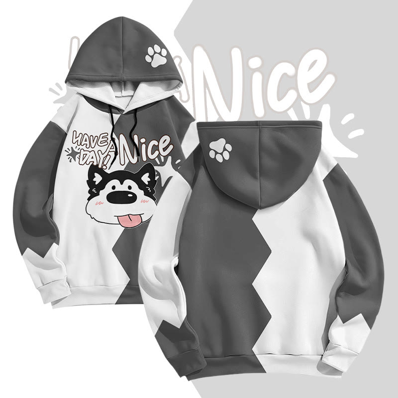 MODAKAWA HAB A NICE DAY TAG Pullover-Hoodie mit herausgestreckter Zunge und Welpenmotiv (Allover-Print) - Grey - 6XL - image 1