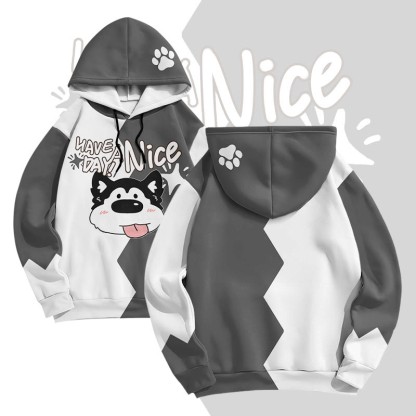 MODAKAWA HAB A NICE DAY TAG Pullover-Hoodie mit herausgestreckter Zunge und Welpenmotiv (Allover-Print) - Grey - 6XL - image 1