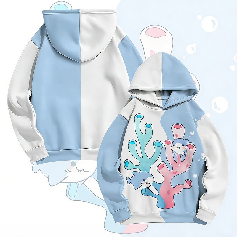 MODAKAWA Pullover-Hoodie mit Hai-Motiv, das zwischen Korallen schwimmt (Allover-Print) - White&Blue - 6XL - image 2
