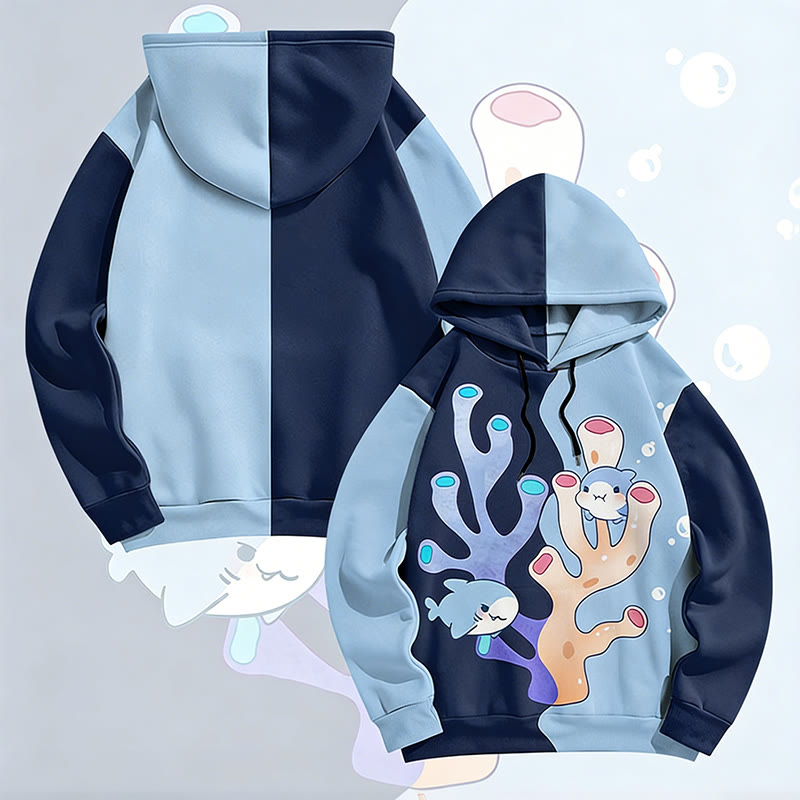 MODAKAWA Pullover-Hoodie mit Hai-Motiv, das zwischen Korallen schwimmt (Allover-Print) - Dark Blue&Blue - 6XL - image 1