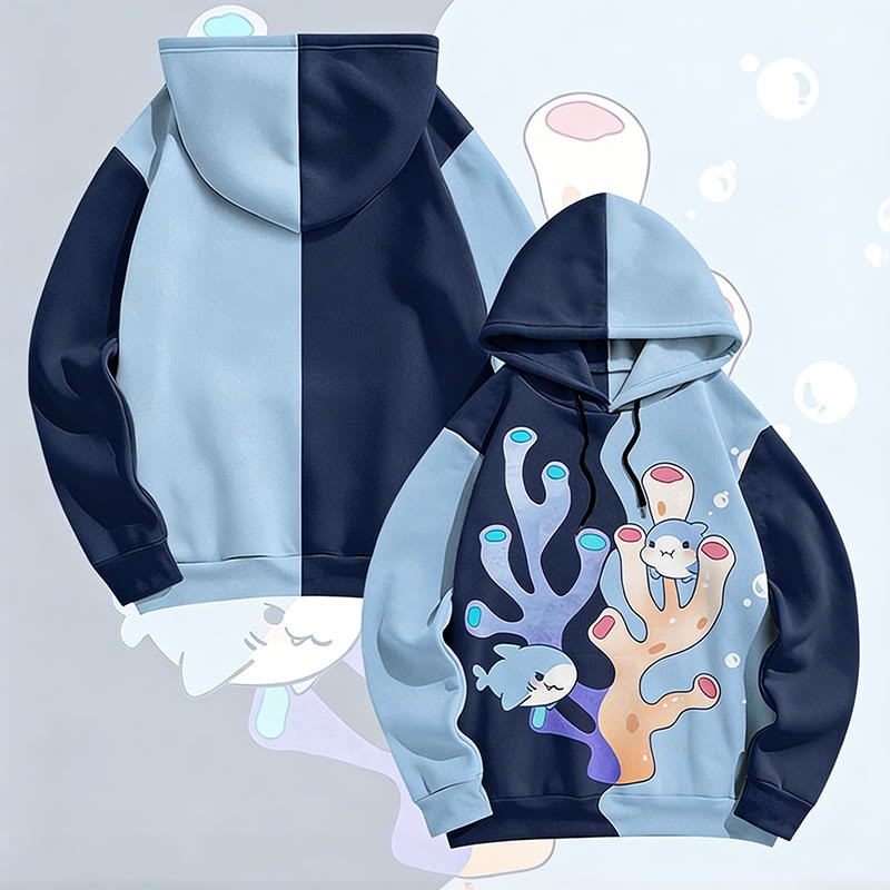 MODAKAWA Pullover-Hoodie mit Hai-Motiv, das zwischen Korallen schwimmt (Allover-Print) - Dark Blue&Blue - 6XL - image 1