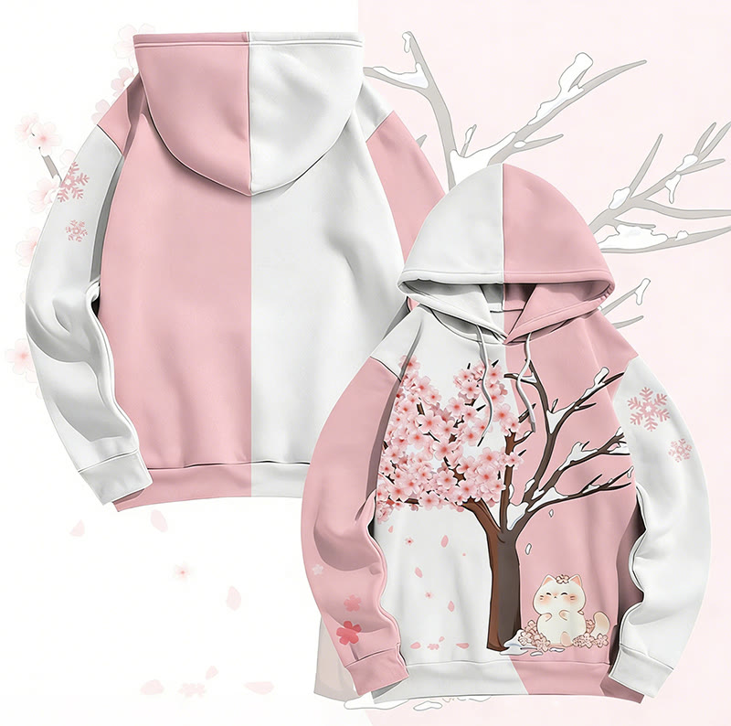MODAKAWA Pullover-Hoodie mit Katzenmotiv unter dem Kirschbaum und Allover-Print - White&Pink - 6XL - image 2