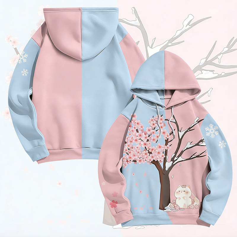 MODAKAWA Pullover-Hoodie mit Katzenmotiv unter dem Kirschbaum und Allover-Print - Blue&Pink - 6XL - image 1