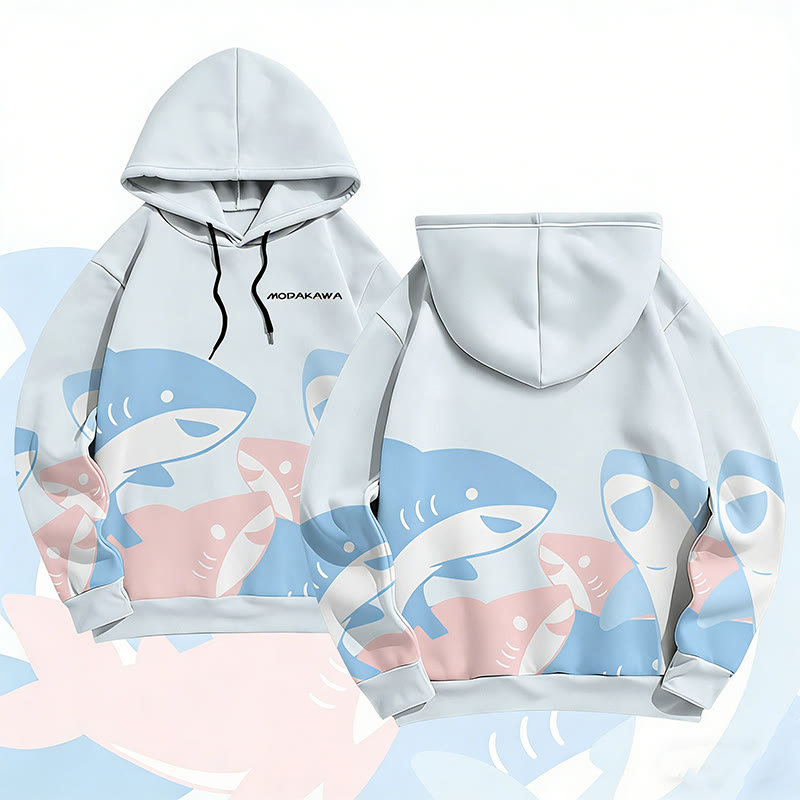 MODAKAWA Pullover-Hoodie mit lustigem Hai-Motiv und Allover-Print - Light Blue - 6XL - image 2