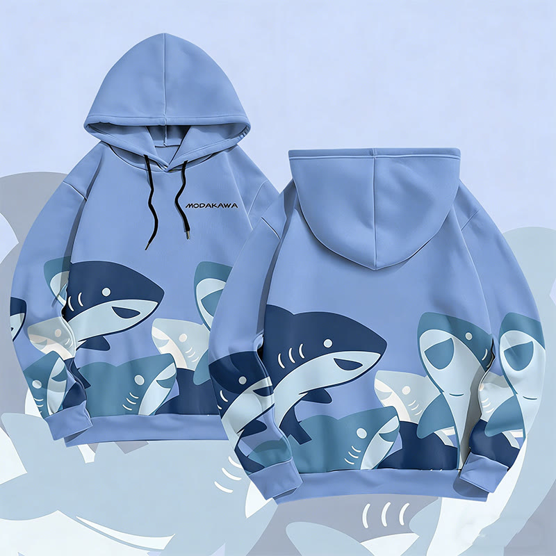 MODAKAWA Pullover-Hoodie mit lustigem Hai-Motiv und Allover-Print - Blue - 6XL - image 1