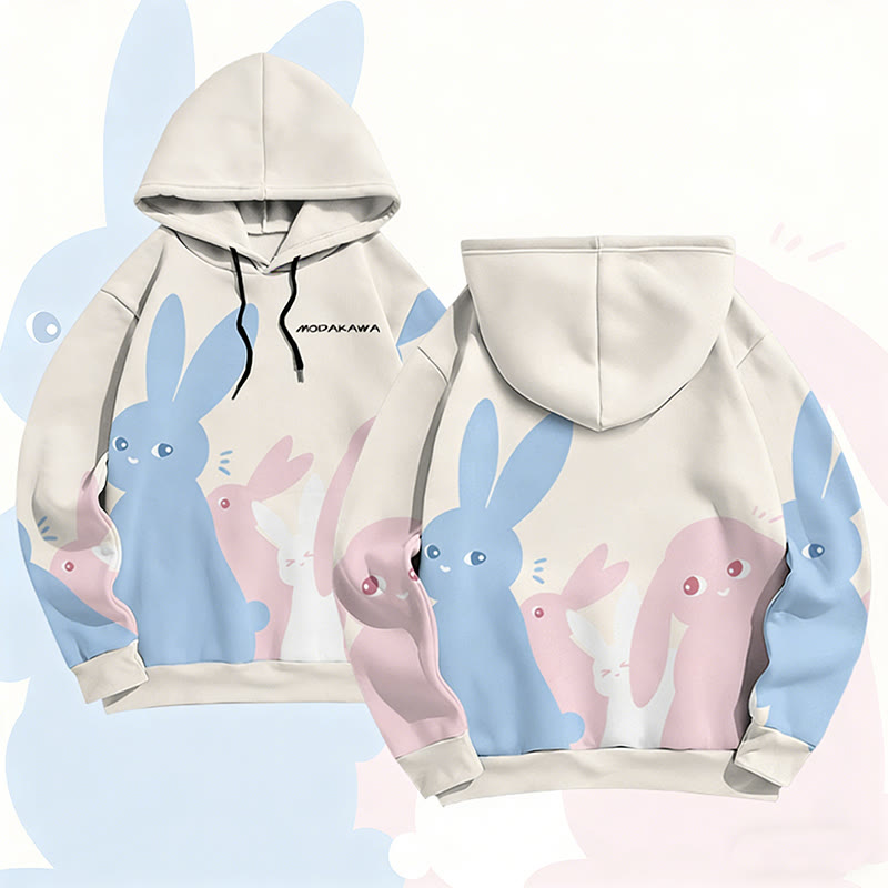 MODAKAWA Pullover-Hoodie mit pastellfarbenem Hasenmotiv und Allover-Print - Apricot - 6XL - image 1