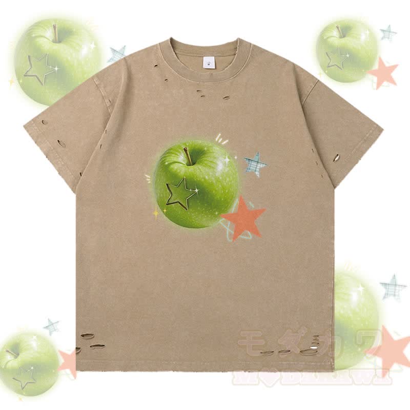 Grünes Apfelstern-Grafik-Modakawa-Zerrissenes T-Shirt - Braun - 2XL - image 2