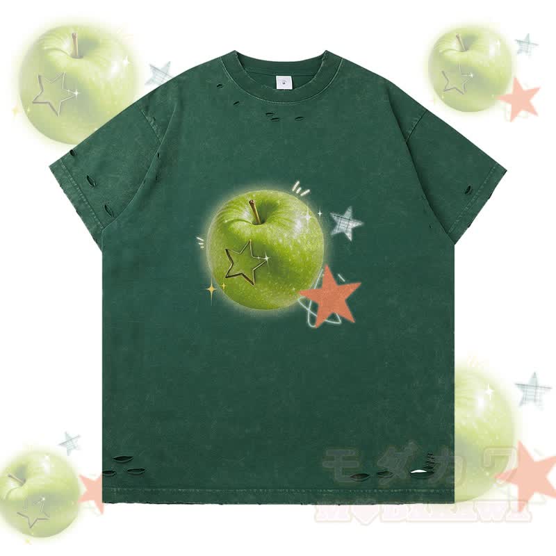 Grünes Apfelstern-Grafik-Modakawa-Zerrissenes T-Shirt - Grün - 2XL - image 1