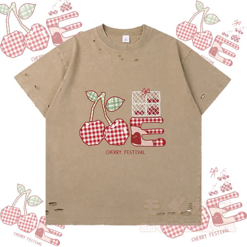 Kariertes Kirsch-Grafik-Modakawa-Zerrissenes T-Shirt - Braun - 2XL - image 2