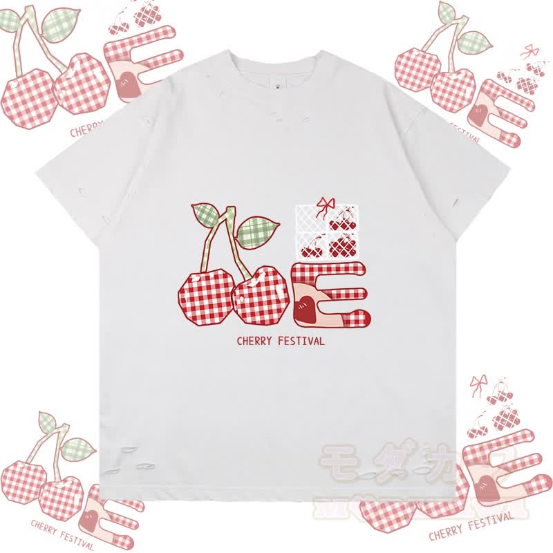 Kariertes Kirsch-Grafik-Modakawa-Zerrissenes T-Shirt - Weiß - 2XL - image 1