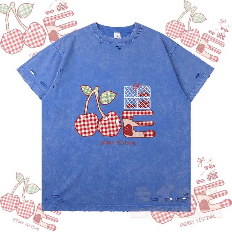 Kariertes Kirsch-Grafik-Modakawa-Zerrissenes T-Shirt - Blau - 2XL - image 3
