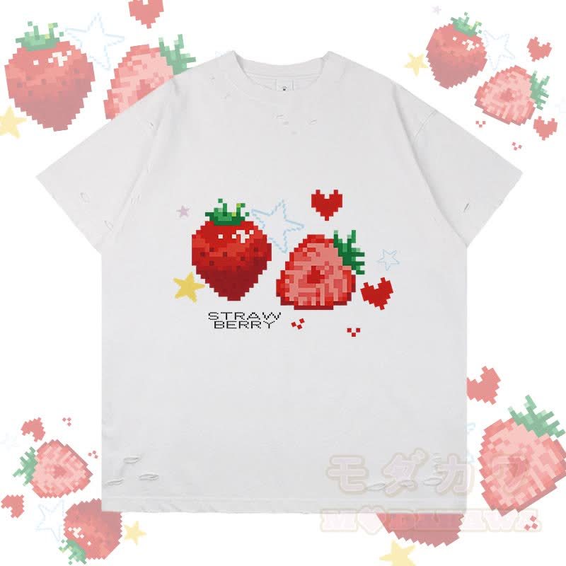Pixel Strawberry Graphic Modakawa Ripped T-Shirt - Weiß - 2XL - image 4