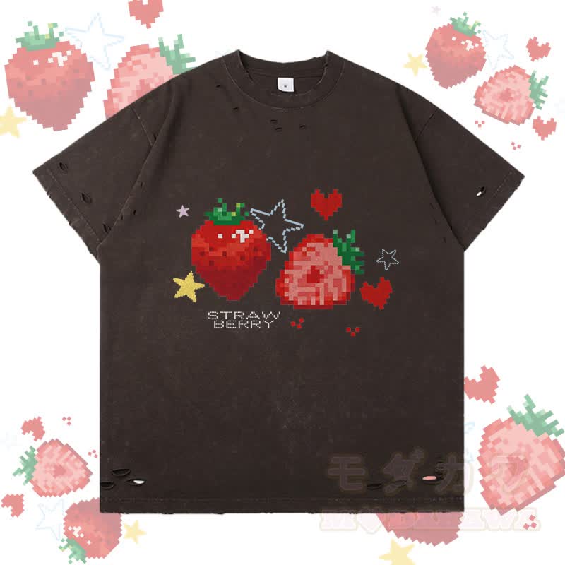 Pixel Strawberry Graphic Modakawa Ripped T-Shirt - Dunkelbraun - 2XL - image 2