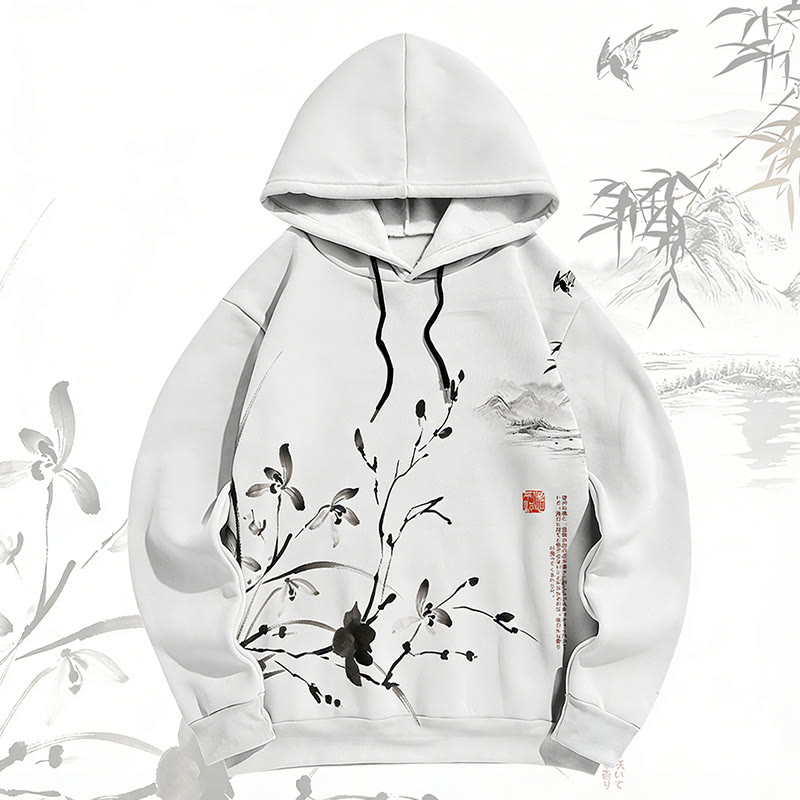 MODAKAWA Vintage Bambusblumen-Tuschemalerei-Pullover-Hoodie - White - 6XL - image 2