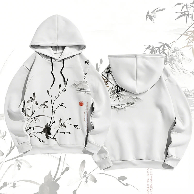 MODAKAWA Vintage Bambusblumen-Tuschemalerei-Pullover-Hoodie - image 1