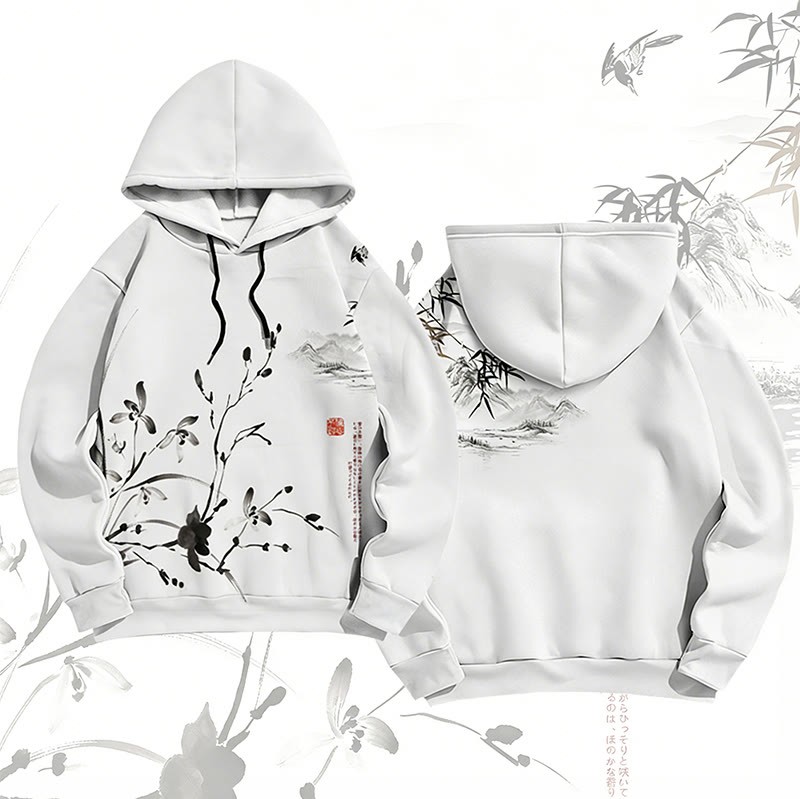 MODAKAWA Vintage Bambusblumen-Tuschemalerei-Pullover-Hoodie - image 1