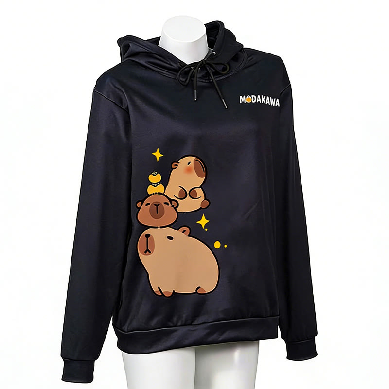 Modakawa-Hoodie mit gestapeltem Capybara-Buchstabenprint (locker geschnitten) - Black - 6XL - image 3
