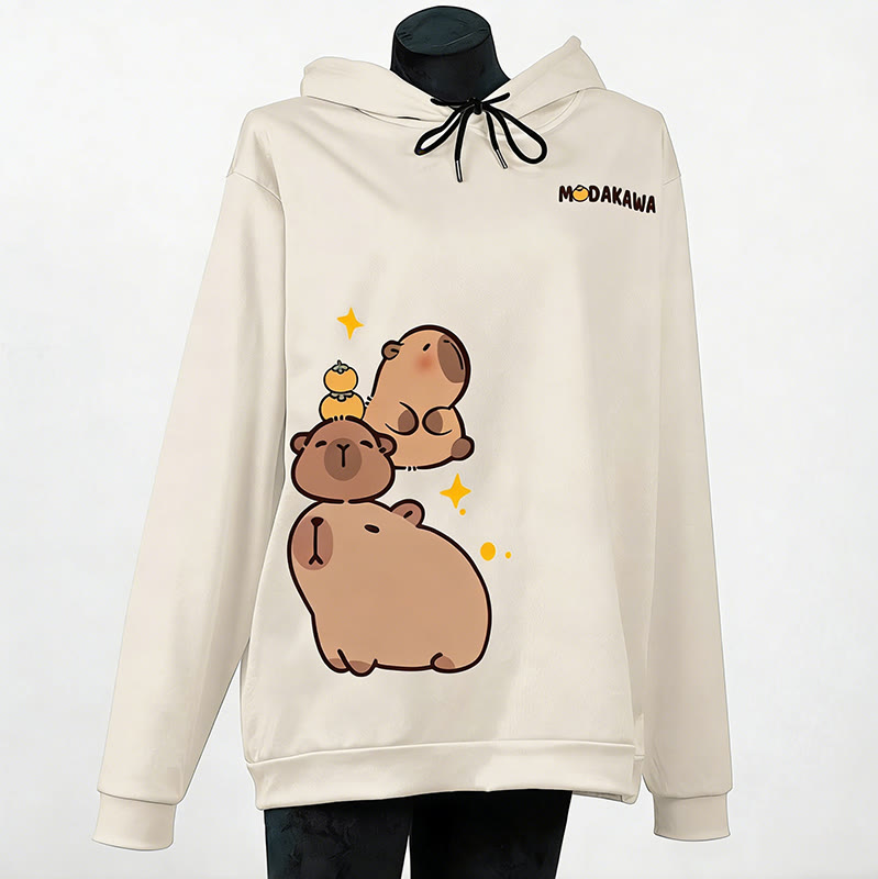 Modakawa-Hoodie mit gestapeltem Capybara-Buchstabenprint (locker geschnitten) - Apricot - 6XL - image 4