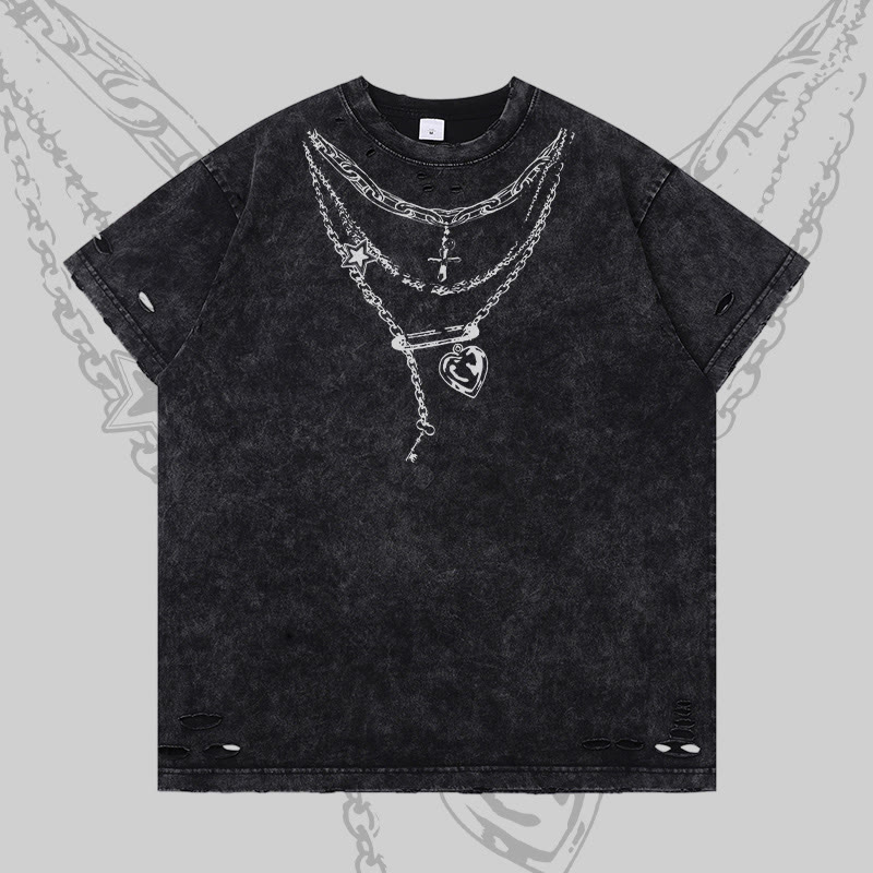 Modakawa Ripped T-Shirt mit Kettenmotiv - Black - 2XL - image 1