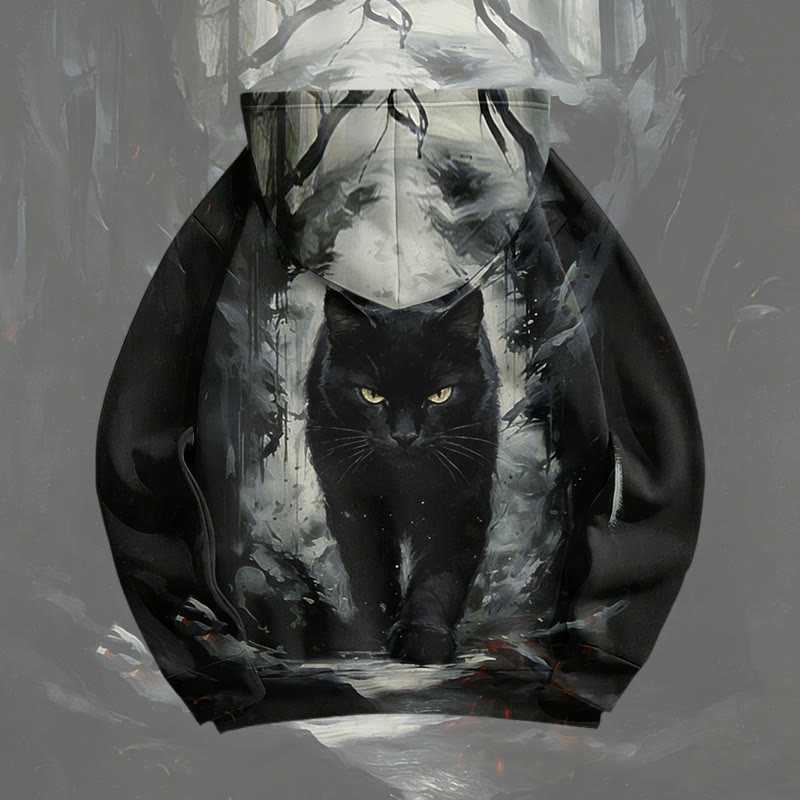 Modakawa Pullover Hoodie mit Grafik einer laufenden schwarzen Katze - image 2