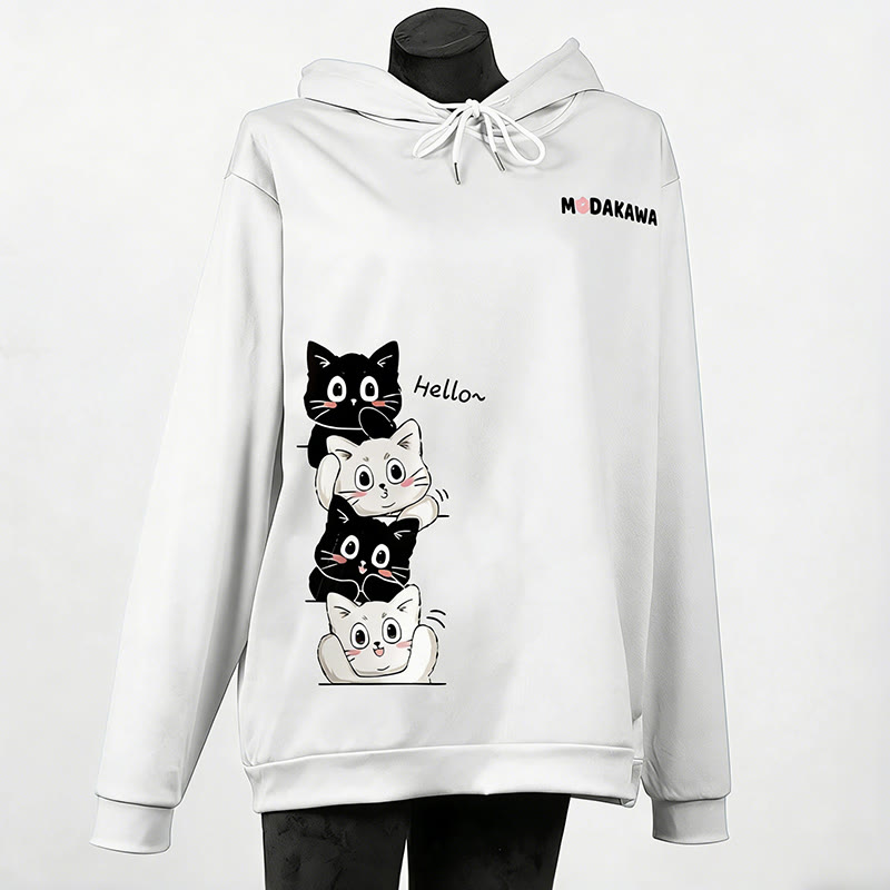 Modakawa-Hoodie mit gestapeltem Katzenmotiv und Buchstabenprint - White - 6XL - image 2